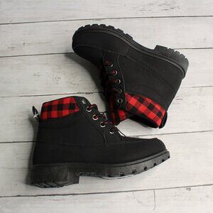 Portland Boy's Hiking Boots Size 12 Black Red Buffalo Plaid Lace Up